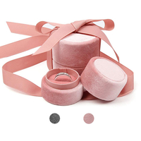 Custom Logo Pink Engagement Round Velvet Ring Box with Ribbon,wholesale Wedding Jewelry Ring Boxes Luxury