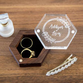 Customized Logo Mini Retro Portable Transparent Acrylic Cover Hexagonal Wedding Earrings Ring Storage Box With Wooden Base